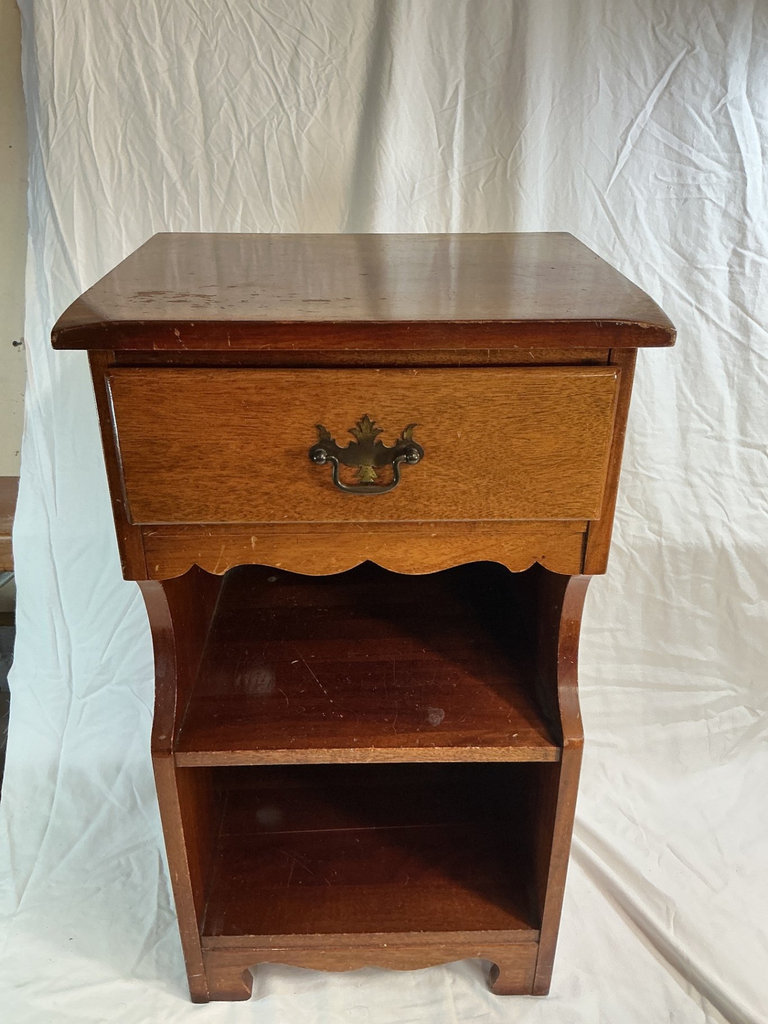 Vintage wooden nightstand, wooden stool, and decorative lamp. - image 2 of 7