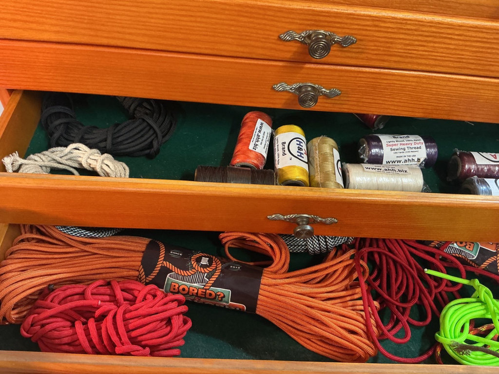 Wooden 4-drawer storage chest with cords and sewing supplies - image 4 of 4