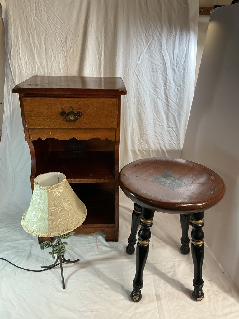 Vintage wooden nightstand, wooden stool, and decorative lamp. - image 1 of 7