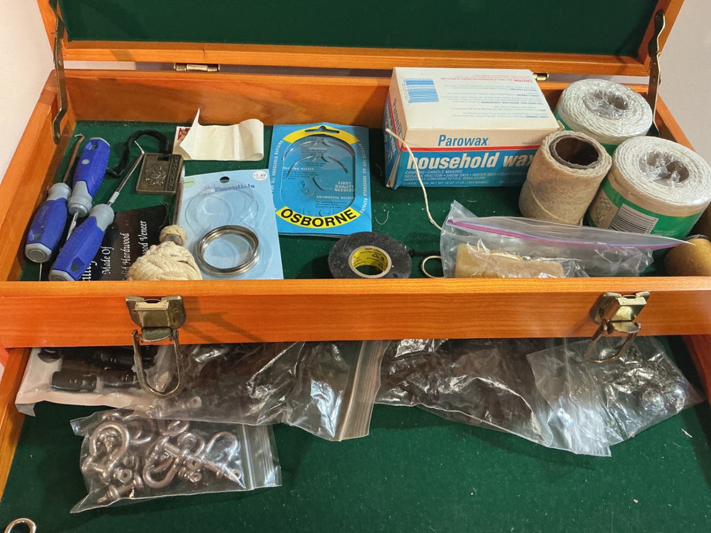 Wooden 4-drawer storage chest with cords and sewing supplies - image 3 of 4