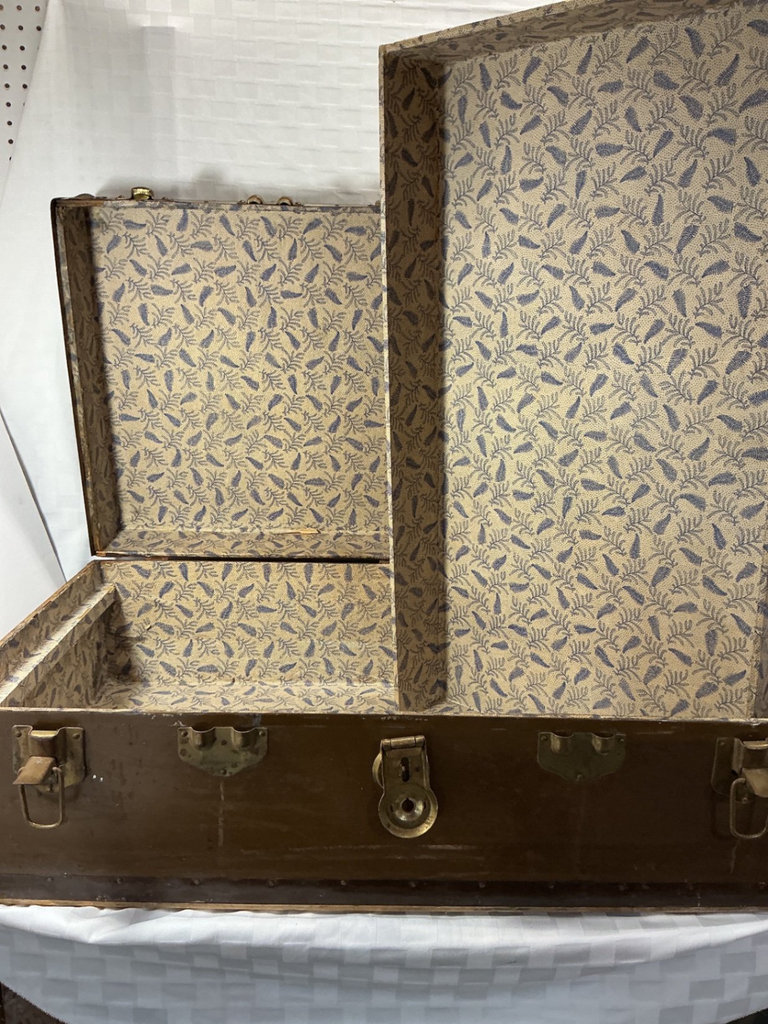Vintage brown travel trunk and military duffle.  - image 5 of 7