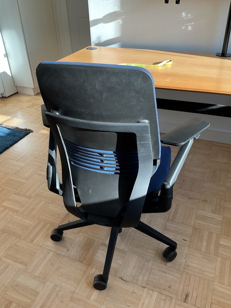 Height-adjustable desk with monitor arm, office chair, and ViewSonic monitors. - image 5 of 13