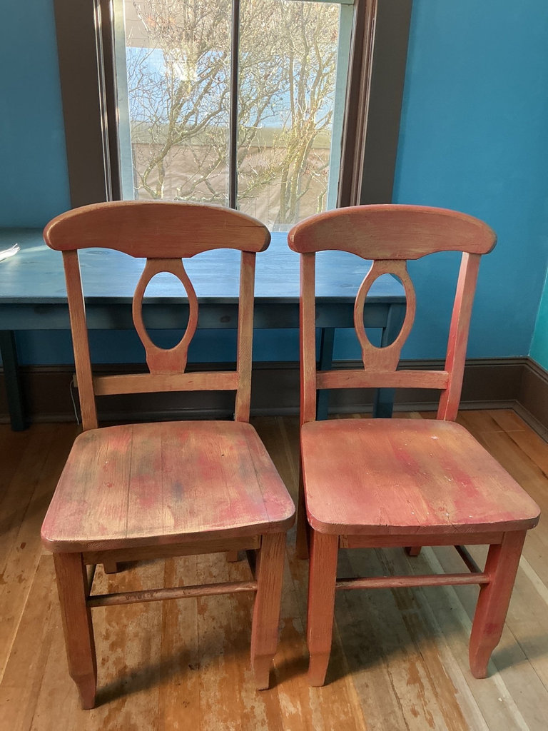 Blue rectangular table with 2 wooden chairs - image 2 of 5