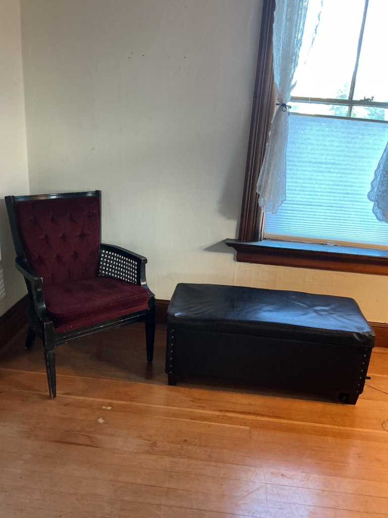 Black wooden armchair, upholstered ottoman - image 1 of 5