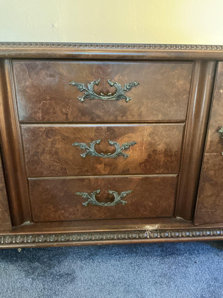 Antique burl wood sideboard with ornate hardware, accompanied by a separate three-panel folding mirror - image 7 of 8