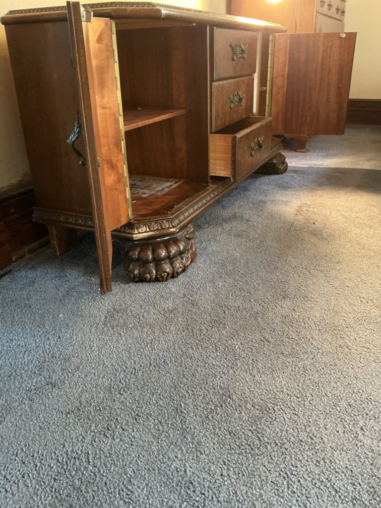 Antique burl wood sideboard with ornate hardware, accompanied by a separate three-panel folding mirror - image 6 of 8