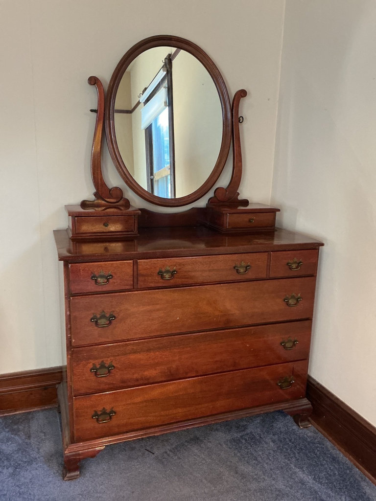 Antique wooden dresser with oval mirror - image 1 of 7