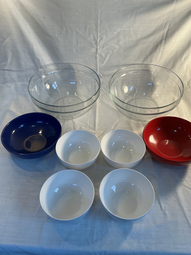 Assorted bowls set: white ceramic bowls, blue and red bowls, and clear glass bowls - image 1 of 4