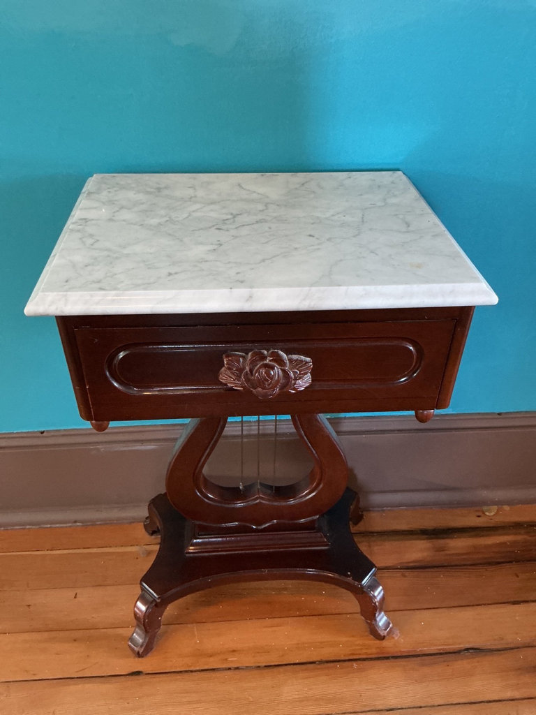Antique marble-top side table with carved drawer - image 1 of 6