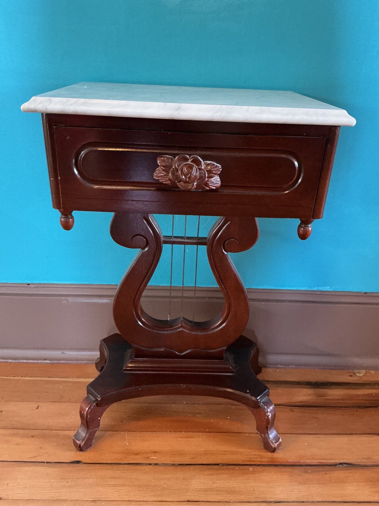 Antique marble-top side table with carved drawer - image 2 of 6