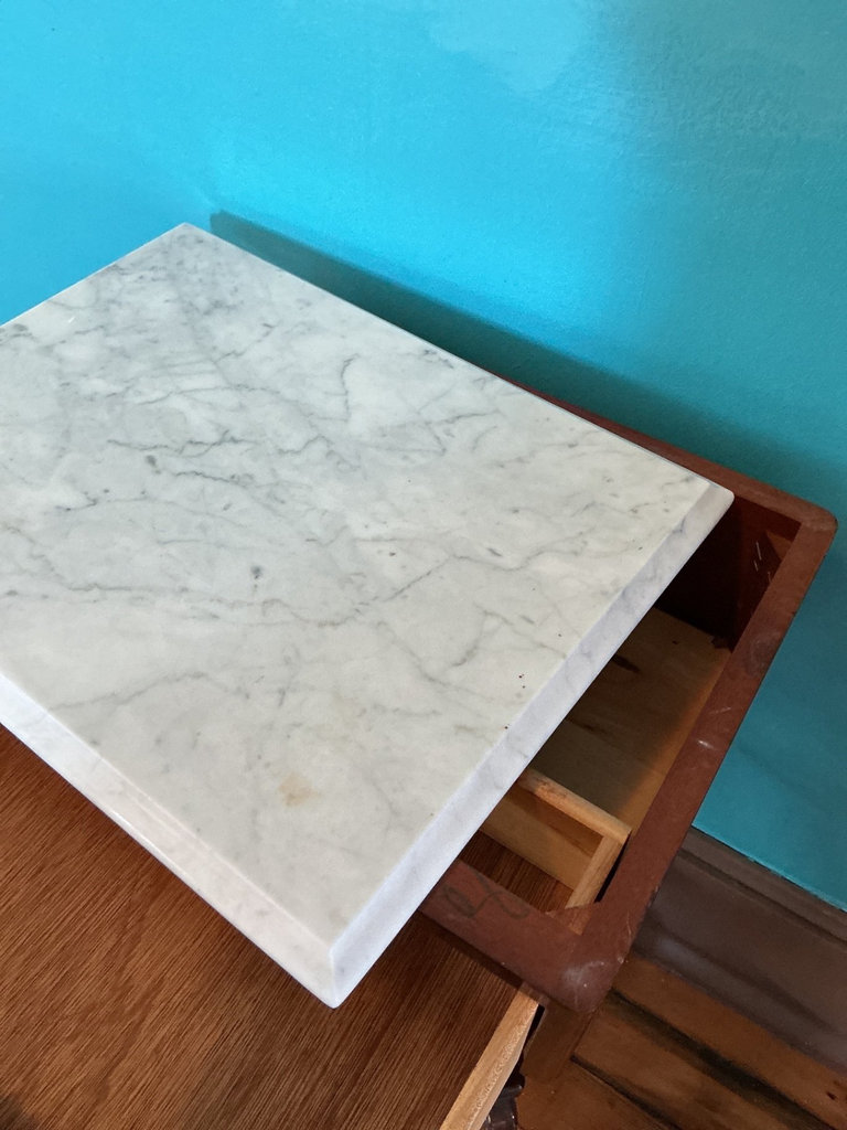 Antique marble-top side table with carved drawer - image 4 of 6