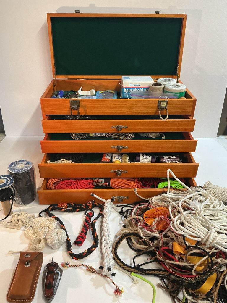 Wooden 4-drawer storage chest with cords and sewing supplies - image 2 of 4