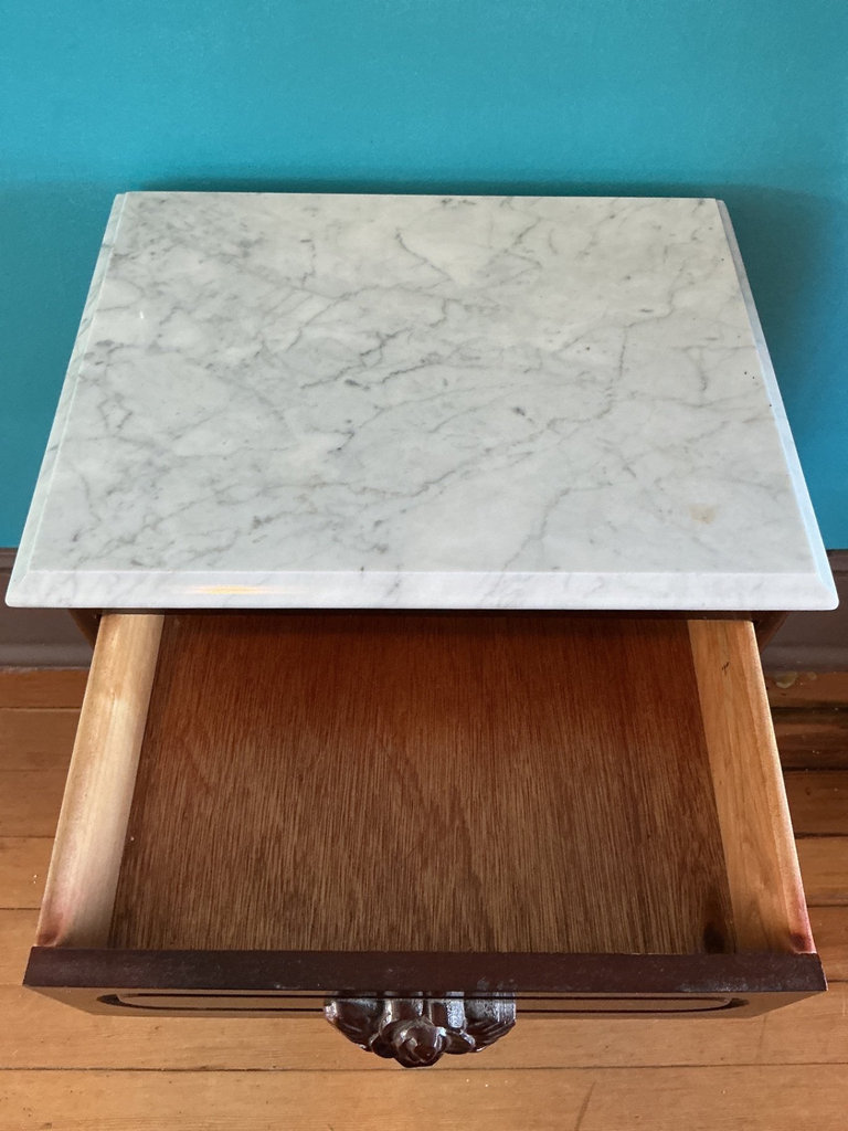 Antique marble-top side table with carved drawer - image 3 of 6
