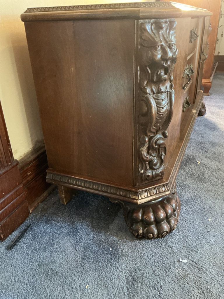 Antique burl wood sideboard with ornate hardware, accompanied by a separate three-panel folding mirror - image 4 of 8