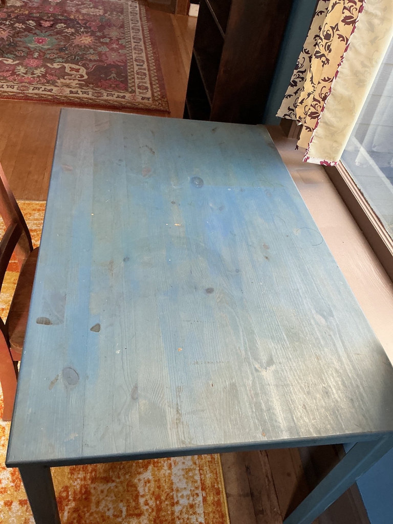 Blue rectangular table with 2 wooden chairs - image 4 of 5