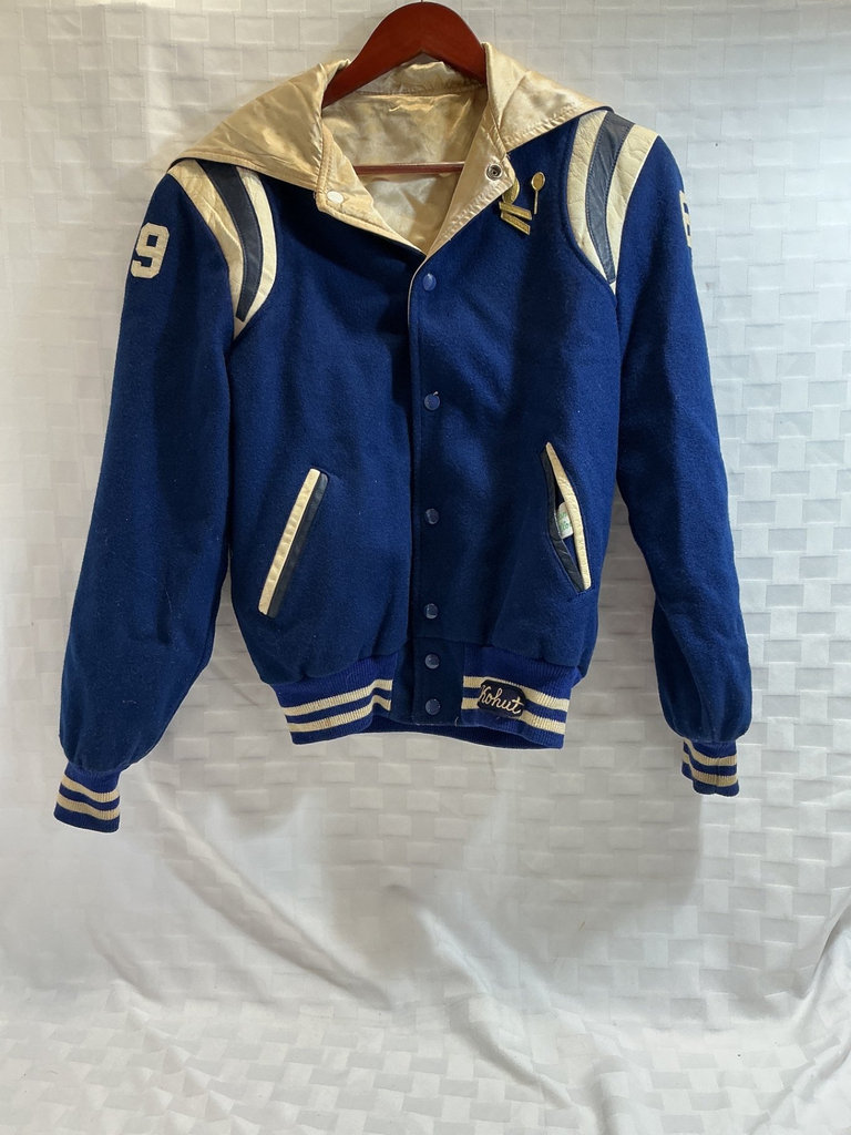Blue varsity jacket with beige accents and patches - image 2 of 3