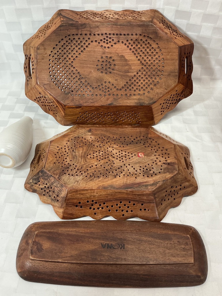 Colorful woven basket with carved wooden trays and vase - image 6 of 6