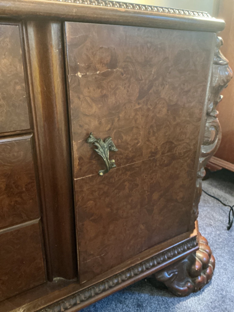 Antique burl wood sideboard with ornate hardware, accompanied by a separate three-panel folding mirror - image 5 of 8