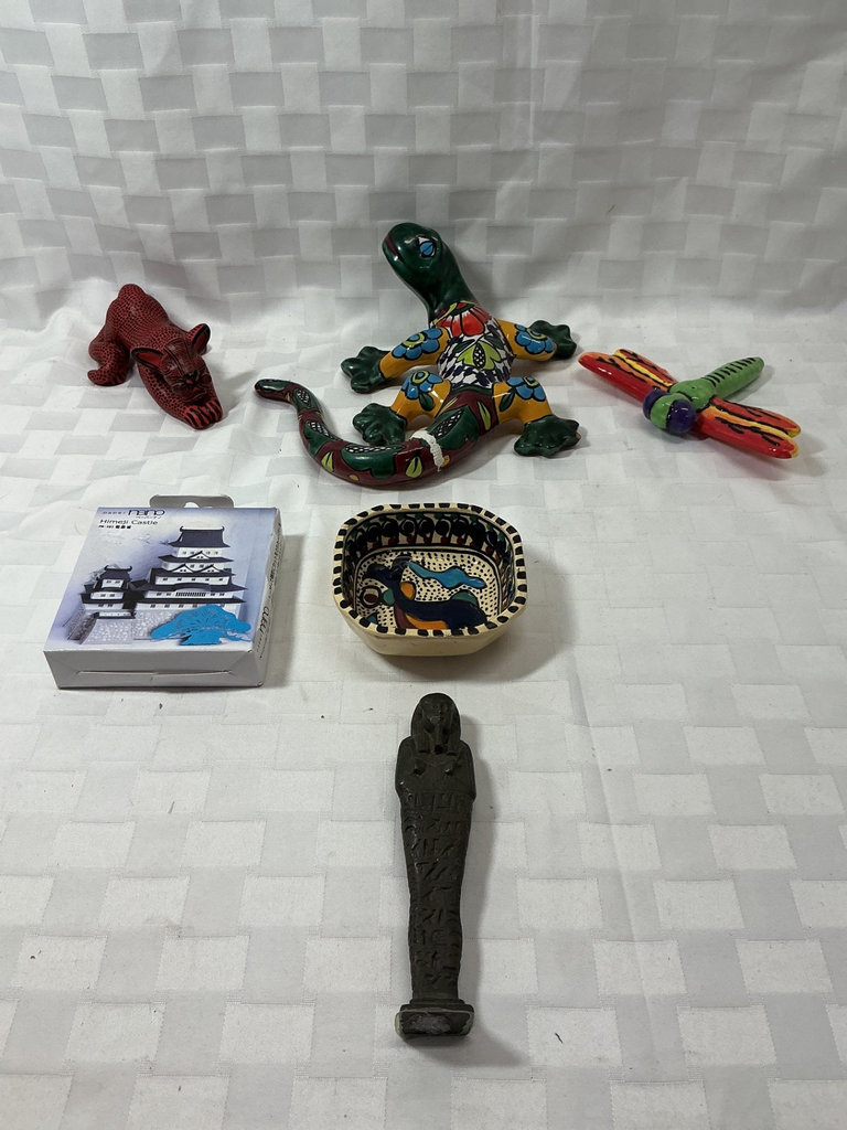 Assorted decorative figurines and ceramic bowl with Himeji Castle box - image 1 of 5
