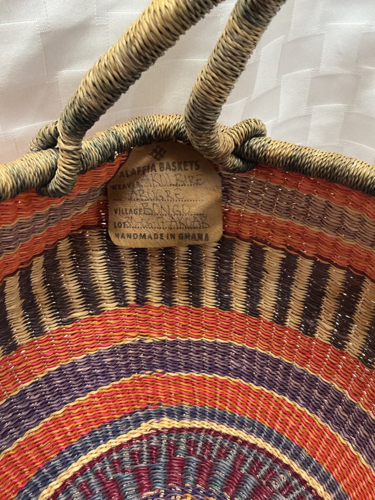 Colorful woven basket with carved wooden trays and vase - image 4 of 6