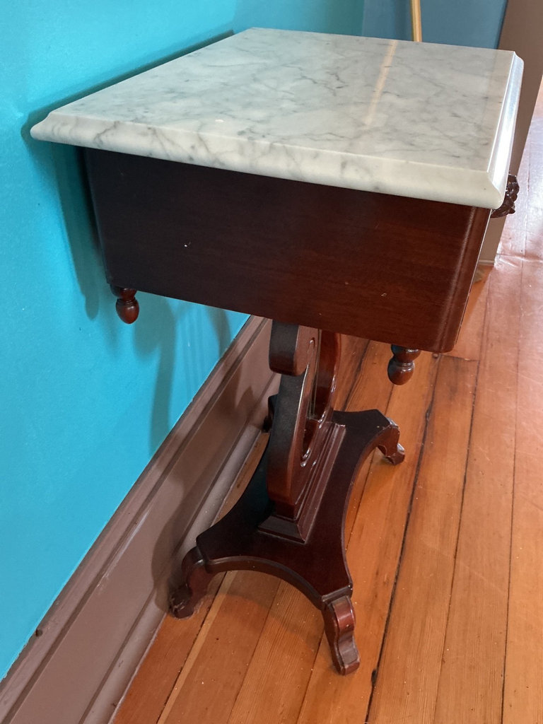 Antique marble-top side table with carved drawer - image 5 of 6