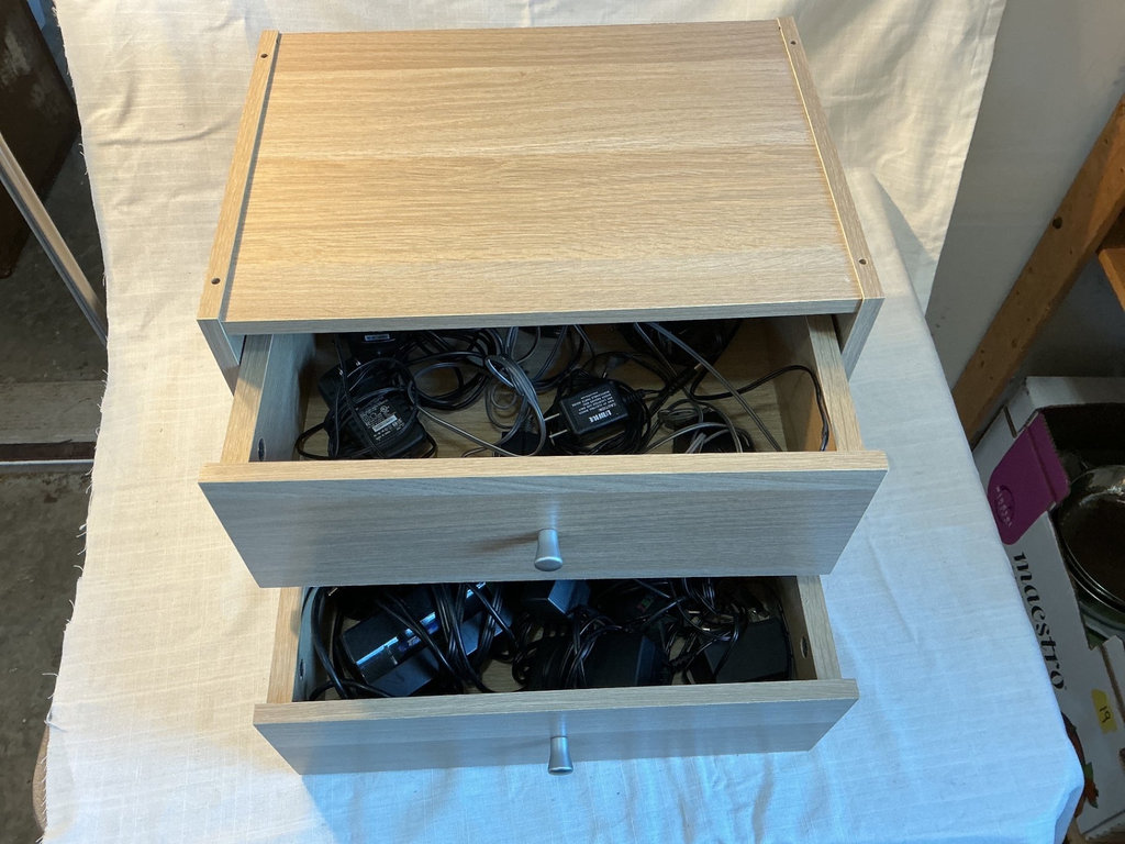 LOTS of Electronic Adapters, plug ins, inside a attractive Wood cabinet - image 3 of 4