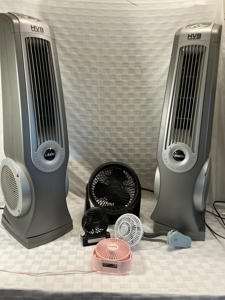 Two Lasko high-velocity tower fans with assorted portable fans - image 1 of 4