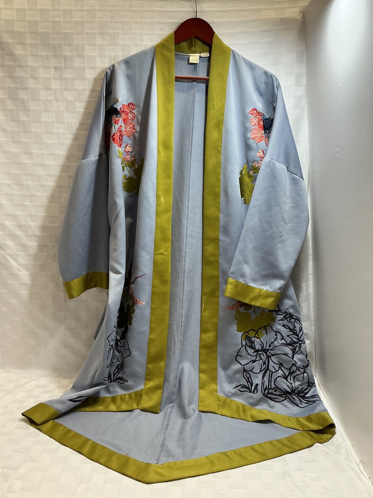 Embroidered kimono-style robe, silk bomber jacket, and pink satin shirt. - image 2 of 9