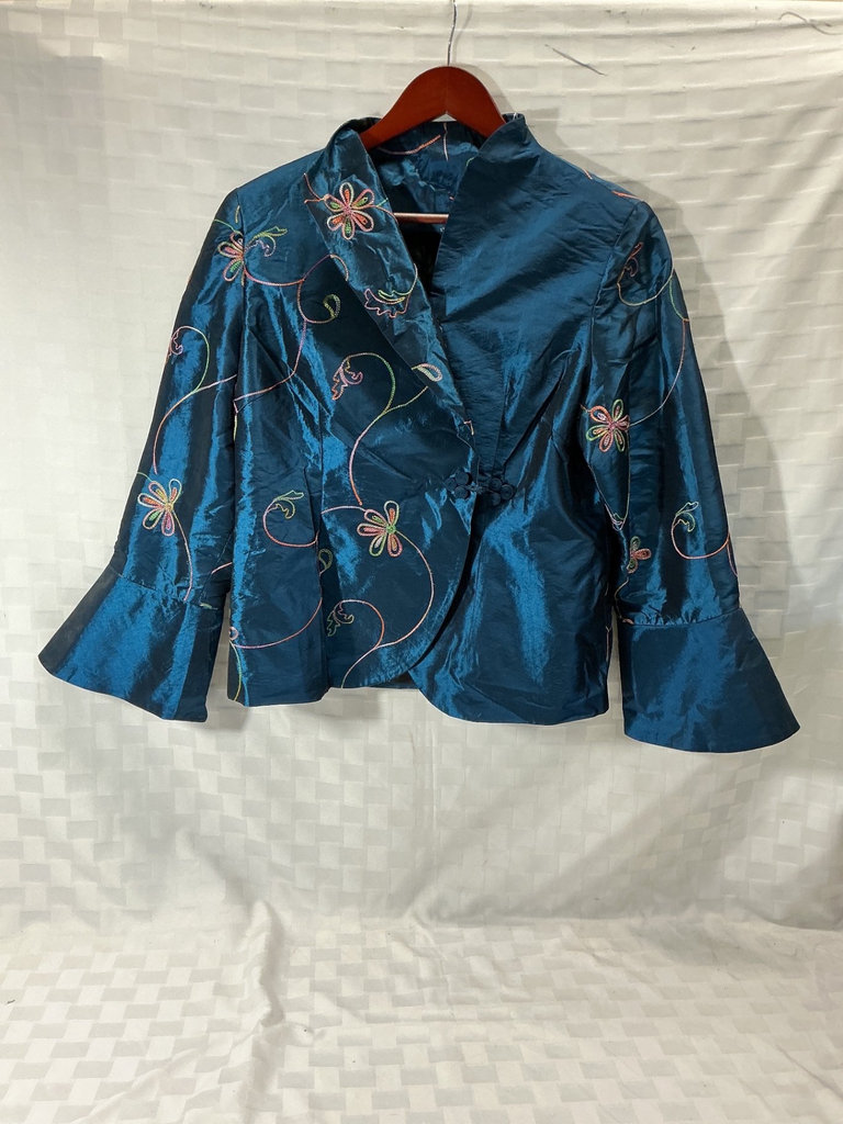 Embroidered kimono-style robe, silk bomber jacket, and pink satin shirt. - image 5 of 9