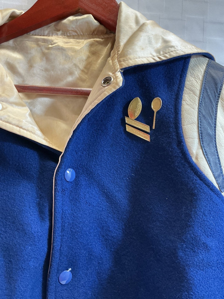 Blue varsity jacket with beige accents and patches - image 3 of 3