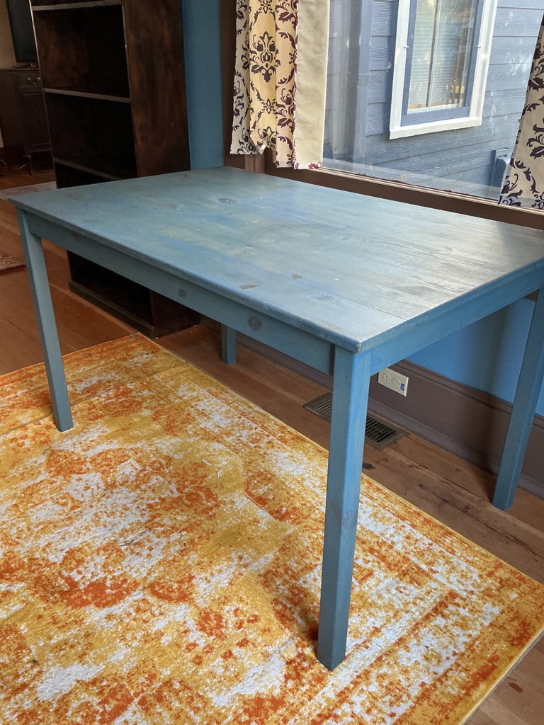 Blue rectangular table with 2 wooden chairs - image 3 of 5