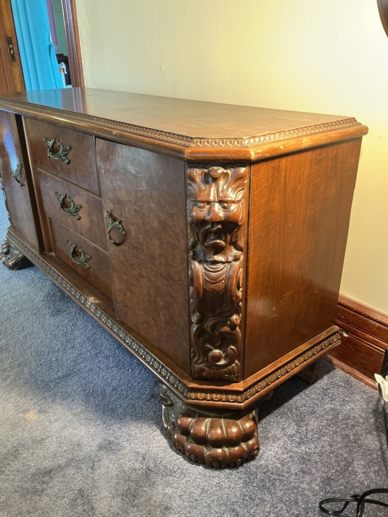 Antique burl wood sideboard with ornate hardware, accompanied by a separate three-panel folding mirror - image 3 of 8