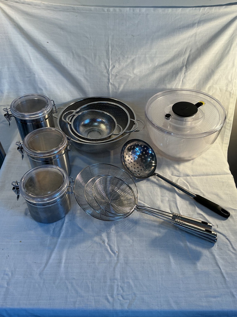 Stainless steel kitchen canisters and strainers.  - image 1 of 6