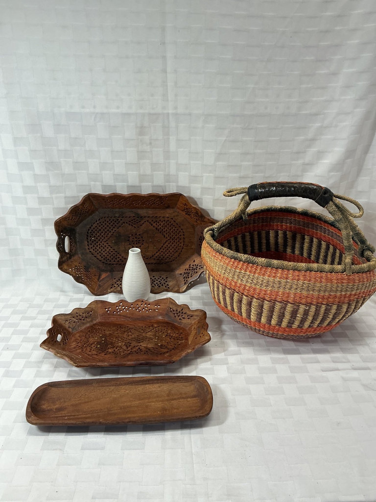 Colorful woven basket with carved wooden trays and vase - image 1 of 6