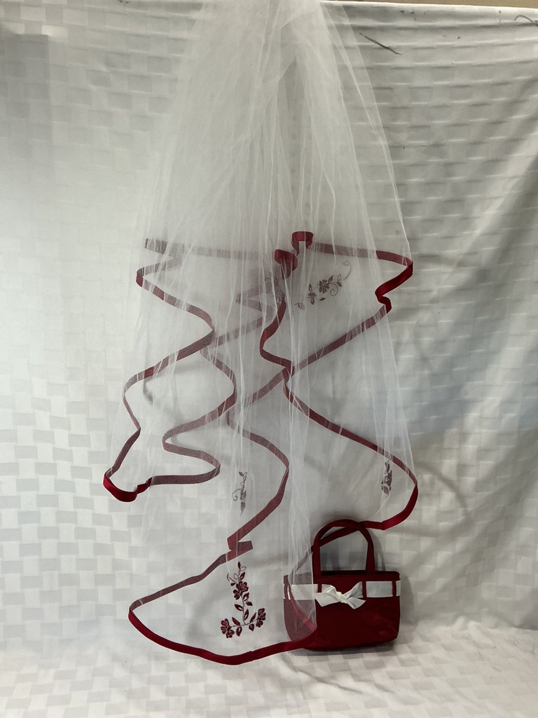 Bridal veil with burgundy edging and matching burgundy handbag - image 1 of 5