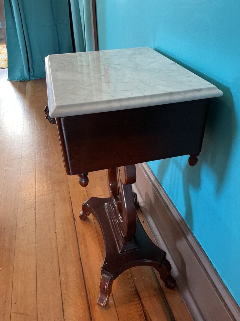 Antique marble-top side table with carved drawer - image 6 of 6