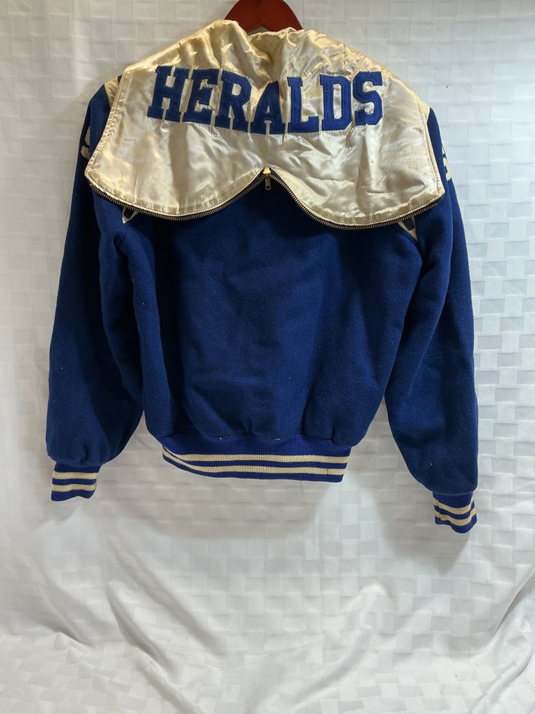Blue varsity jacket with beige accents and patches - image 1 of 3