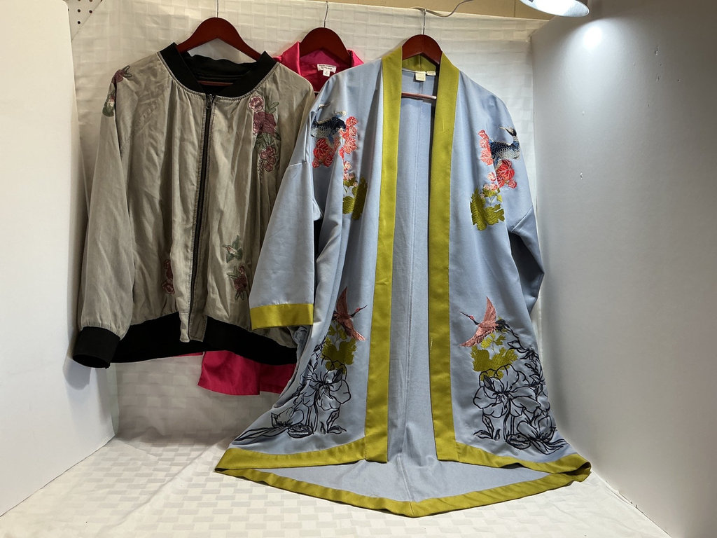 Embroidered kimono-style robe, silk bomber jacket, and pink satin shirt. - image 1 of 9