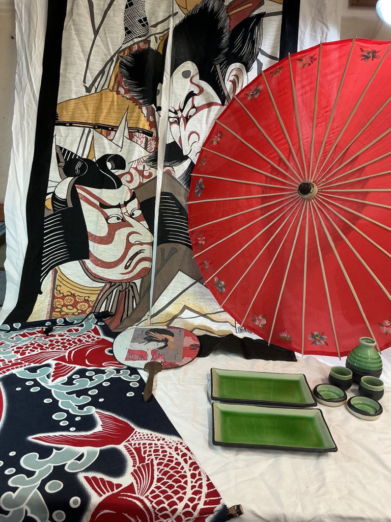 Japanese-style decorative parasol, textiles, and ceramic dinnerware - image 2 of 6