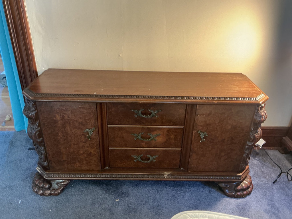 Antique burl wood sideboard with ornate hardware, accompanied by a separate three-panel folding mirror - image 1 of 8