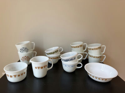 Pyrex Mugs, Teacups, Sugar & Creamer, Bowl - Image 1 of 6