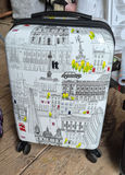 Three rolling suitcases: purple floral, cityscape white, and black - thumbnail 4 of 5