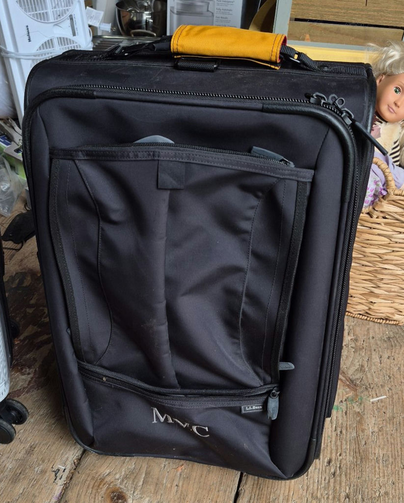 Three rolling suitcases: purple floral, cityscape white, and black - image 5 of 5