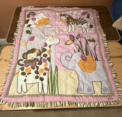 Baby Quilt for Crib NEW! Zoo Theme Pink - Image 1 of 2