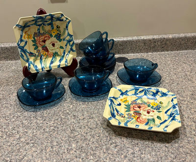 Blue Glass Cups and Saucers, Plates - Image 1 of 2
