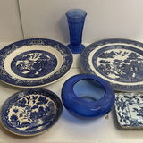 Blue and White Willow Pattern Dish Lot w/ Blue Glass - thumbnail 1 of 7