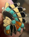 Zuni Micro-mosaic Indian Cheif Silver Ring - thumbnail 1 of 6