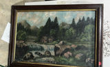 Rustic Camp Oil, Painting On Canvas Of Waterfall And Cabin Antique - thumbnail 1 of 7