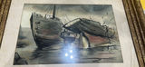 Watercolor Painting Of Ships In Harbour Mid-Century 1963 P.F. Nylen. - thumbnail 2 of 9