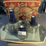 Glass Hurricane Candle Holders and Wooden Tray - thumbnail 1 of 15